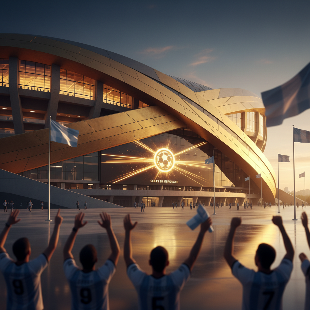 Acción de fútbol en cancha del Mundial 2026 con la selección argentina campeona del mundo